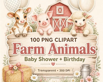 100 Farm Animals Clipart Bundle, Baby Shower Birthday Graphics (Digital Download)