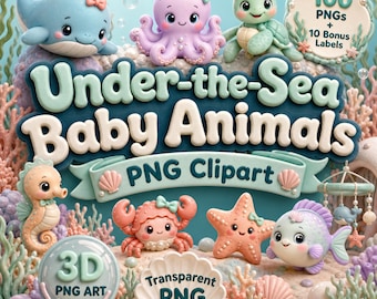 Under the Sea Clipart PNG Bundle, 100 Baby Ocean Animals Nursery Graphics, Commercial Use Digital Download