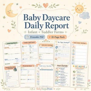 May include: A 10-page printable PDF set titled Baby Daycare Daily Report: Infant + Toddler Forms. The pages feature pastel illustrations of a moon, sun, and hearts, with sections for tracking naps, nappies, meals, and daily activities for childcare.