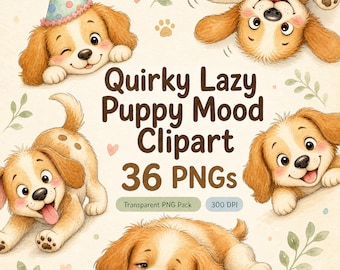 Puppy Clipart PNG Bundle, Quirky Dog Mood Graphics, Cute Lazy Puppy Stickers Digital Download