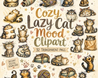 Cat Clipart PNG Bundle, Cozy Lazy Cat Mood Graphics, Cute Commercial Use Digital Download