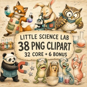 Science Animals Clipart, 38 Transparent PNGs, Little Science Lab Bundle, Scientist Animals, Watercolor STEM Graphics, Commercial Use