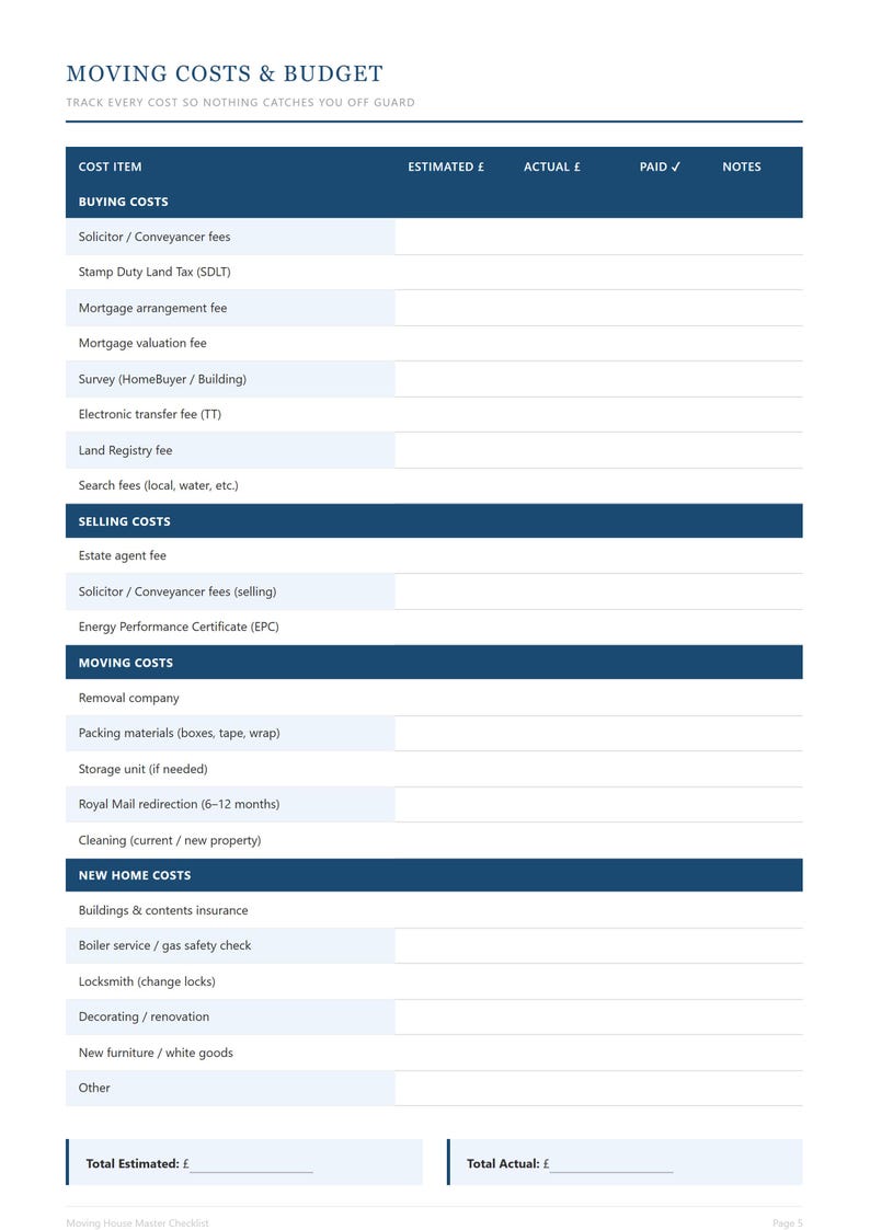 Moving Costs Checklist.pdf Moving House Planner Printable UK, 15 Pages, New Home Gift, 8-week ...