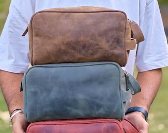 Nécessaire artesanal em couro legítimo de alta qualidade, organizador de viagem rústico para artigos de higiene pessoal.