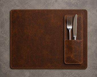 Jogo de jogos americanos rústicos em couro com porta-talheres | Jogos americanos vintage marrons para mesa de jantar