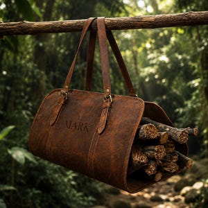 Könnte beinhalten: Ein brauner Leder-Holzträger mit dem eingeprägten Namen "MARK". Er ist mit Brennholz gefüllt und hängt an einem Ast. Der Hintergrund ist ein grüner Wald.