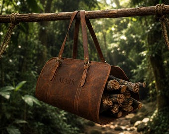 Bolsa de transporte de lenha personalizada em couro legítimo de alta qualidade – Porta-lenha rústico, item essencial para camping.