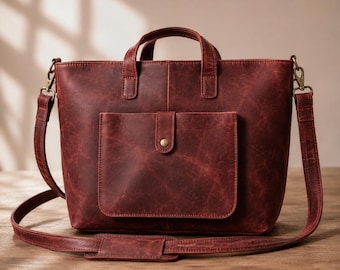 Full Grain Buffalo Leather Tote Bag | Rustic Handmade Shoulder Purse, Laptop Work Bag