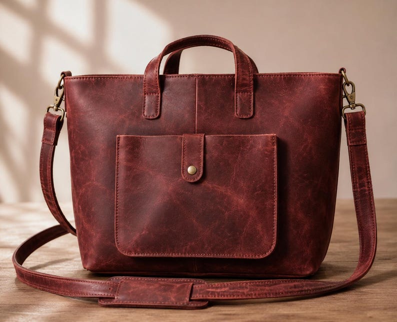 May include: A burgundy leather tote bag with a front pocket and a shoulder strap. The bag has two top handles and a flap pocket with a brass button closure. The leather has a distressed look.