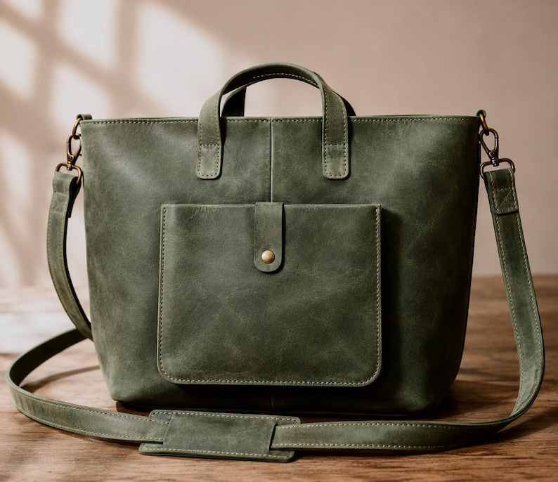 May include: Olive green leather tote bag with a front pocket and a top handle. The bag has a detachable shoulder strap and a gold-colored button closure on the front pocket. The bag is sitting on a wooden surface.