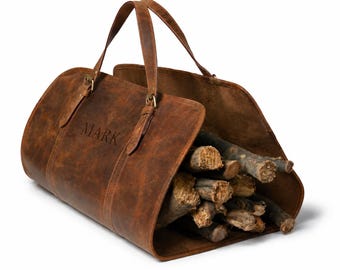 Bolsa de transporte de lenha personalizada em couro legítimo de alta qualidade – Bolsa rústica para lenha