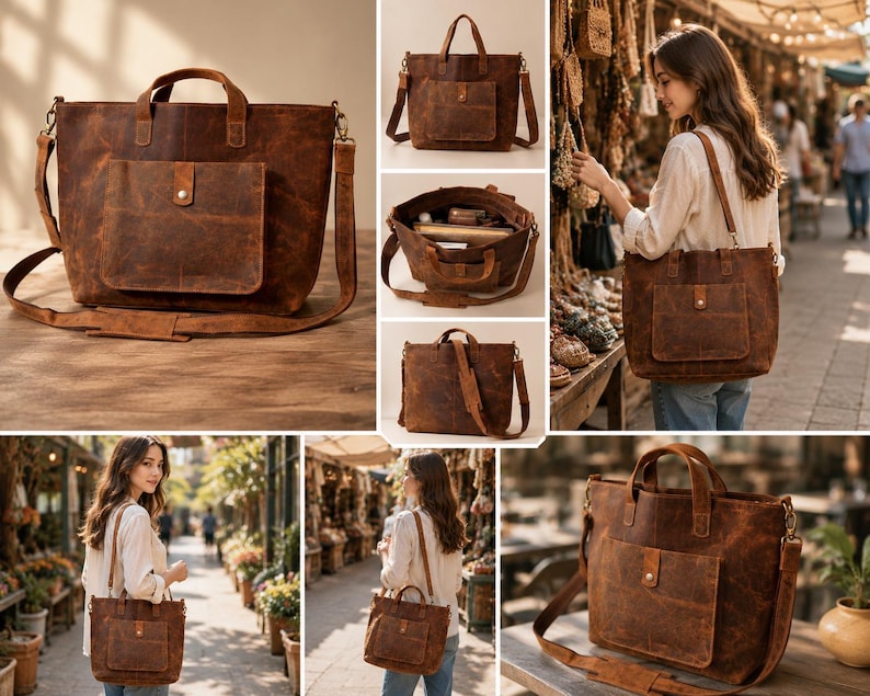May include: A collection of brown leather tote bags and handbags. The bags have a distressed finish, top handles, and a front pocket with a button closure. Some bags have a shoulder strap. The bags are shown in various settings.