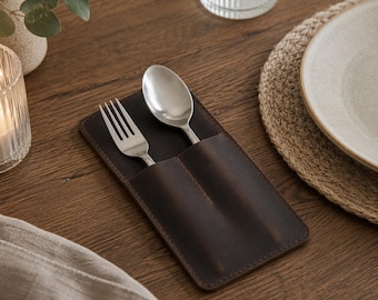 Porta-talheres personalizado em couro, capa para utensílios em couro genuíno, bolso para talheres com gravação personalizada