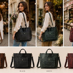 May include: A collection of leather tote bags in brown, black, green, and wine red. Each bag features a front pocket, top handles, and a shoulder strap. The bags are displayed with models and also individually, with the color names below.