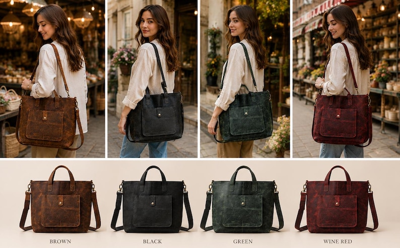 May include: A collection of leather tote bags in brown, black, green, and wine red. Each bag features a front pocket, top handles, and a shoulder strap. The bags are displayed with models and also individually, with the color names below.