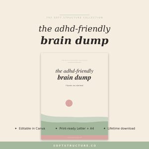 Può includere: Un download digitale intitolato "the adhd-friendly brain dump" con un design minimalista. La copertina presenta il titolo in un carattere moderno e in grassetto, con un cerchio rosa e linee orizzontali verdi e rosa. Include "Editable in Canva" e "Print-ready Letter + A4".