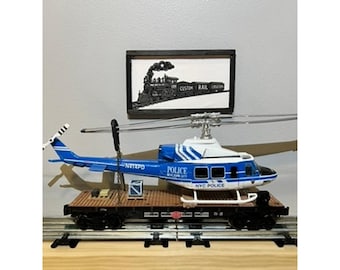 Model Train O Gauge New York Central Flatcar with a Bell 412 NYPD Helicopter Load