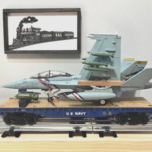 US Navy Train Car with an F-18 VFA-2 Bounty Hunters Fighter Jet, Custom O Gauge Train Flatcar
