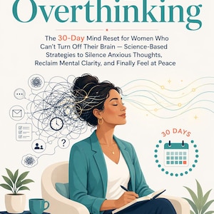 Peut inclure: Couverture de livre avec le titre "Stop Overthinking" et le nom de l'auteur, Alex Reed. La couverture présente une illustration d'une femme assise et écrivant dans un cahier. Le sous-titre du livre est "The 30-Day Mind Reset for Women Who Can't Turn Off Their Brain".