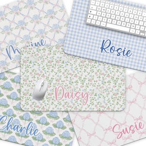 Name Desk Pad, Personalized Mouse Pad, Blue Hydrangea, Pink Bow Coquette Desk Office Decor, Large Desk Blotter,  Mousepad, Office Gifts