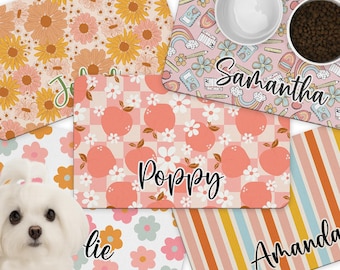 Personalized Pet Food Mat: Retro Striped Daisy Dog Placemat