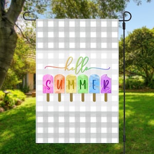 Hello Summer Popsicle, Summer Garden Flag, Spring Garden Flag, Porch Decor, Entry Flag, Yard Decor, Housewarming Gift, Plaid Flag