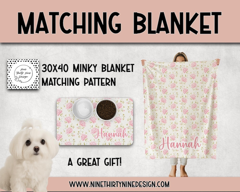 Personalized Dog Food Mat, Custom Pet Gift for New Puppy, Cat Food Mat, Food Bowl Mat, Blue Hydrangea Pet Placemat, Feeding Mat for Dog image 3