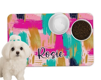 Personalized Pet Food Mat: Pink Mint Gold Abstract Placemat