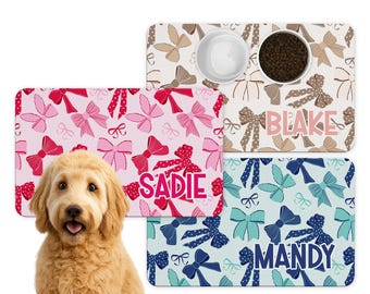 Personalized Pet Food Mat: Coquette Bows     Pink Blue Neutral