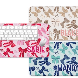 Name Desk Pad, Personalized Mouse Pad, Pink Bow Coquette Desk Office Decor, Blue Large Desk Blotter, Mousepad, Office Gifts, Neutral Decor