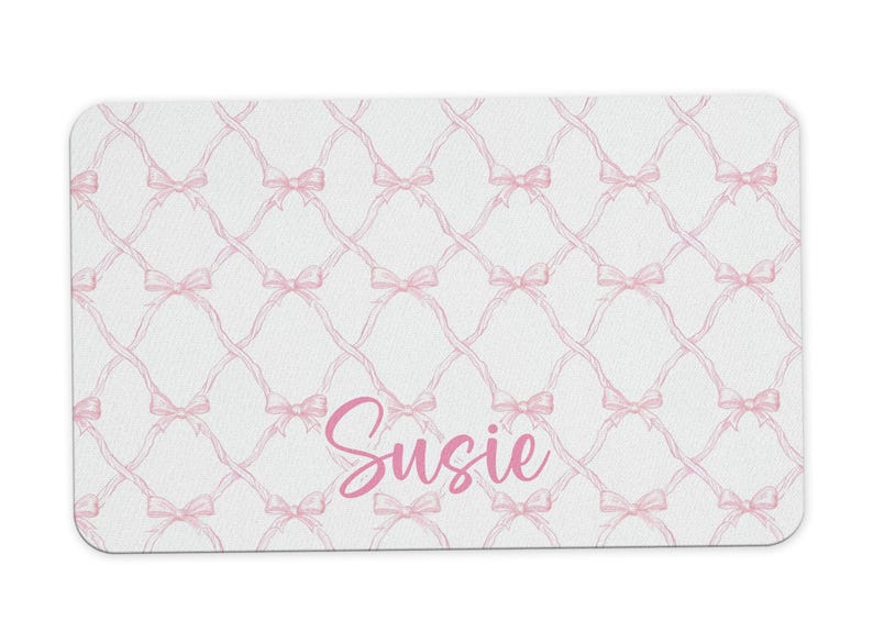 Personalized Dog Food Mat, Custom Pet Gift for New Puppy, Cat Food Mat, Food Bowl Mat, Blue Hydrangea Pet Placemat, Feeding Mat for Dog Pink Bows