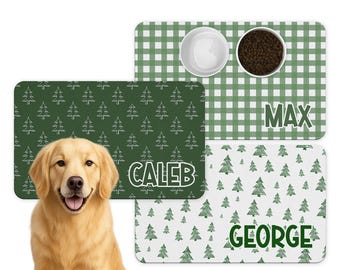 Personalized Pet Food Mat: Christmas Trees and Green Plaid