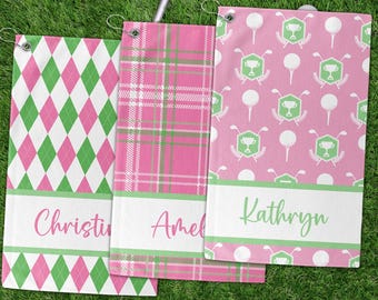 Golf Towel: Personalized Ladies Golf in Pink Green Plaid, Argyle and Golf Patterns