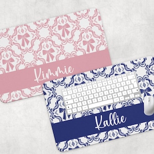 Name Desk Pad, Personalized Mouse Pad, Monogram Preppy Desk Office Decor, Large Desk Blotter, Blue and White Office Gifts