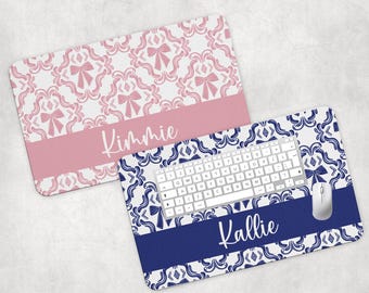 Name Desk Pad, Personalized Mouse Pad, Monogram Preppy Desk Office Decor, Large Desk Blotter, Blue and White Office Gifts