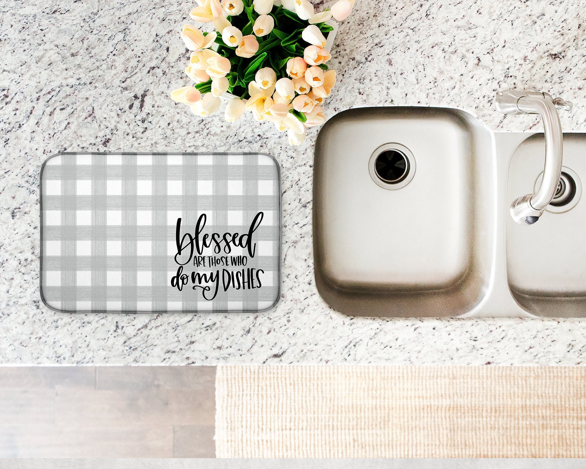Custom Dish Mat, Personalized Drying Mat, Monogram Kitchen Decor, Custom Dishmat  Counter Mat, Buffalo Check Black White Boxwood Wreath 