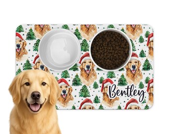 Personalized Dog Food Mat: Golden Retriever Christmas Pet Placemat