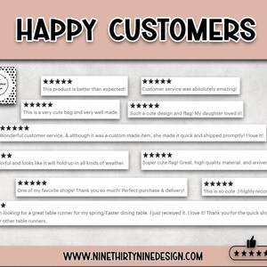 May include: A collage of customer reviews with five-star ratings for a small business. The reviews highlight the quality of the products, the customer service, and the speed of shipping. The business name is "Nine Thirty Nine Design".