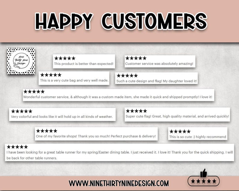 May include: A collage of customer reviews with five-star ratings for a small business. The reviews highlight the quality of the products, the customer service, and the speed of shipping. The business name is "Nine Thirty Nine Design".