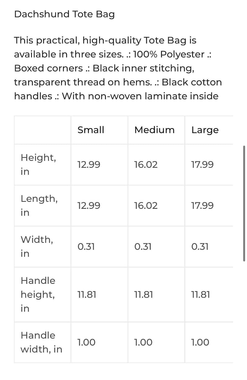 Op de afbeelding: Een tabel met de afmetingen van een draagtas in drie maten: klein, medium en groot. De afmetingen zijn in inches voor hoogte, lengte, breedte, handvathoogte en handvatbreedte.
