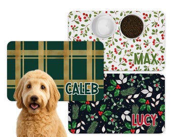 Personalized Pet Food Mat: Christmas Plaid, Mistletoe and Holly