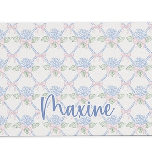 Personalized Dog Food Mat, Custom Pet Gift for New Puppy, Cat Food Mat, Food Bowl Mat, Blue Hydrangea Pet Placemat, Feeding Mat for Dog Blue Hydrangea Bows