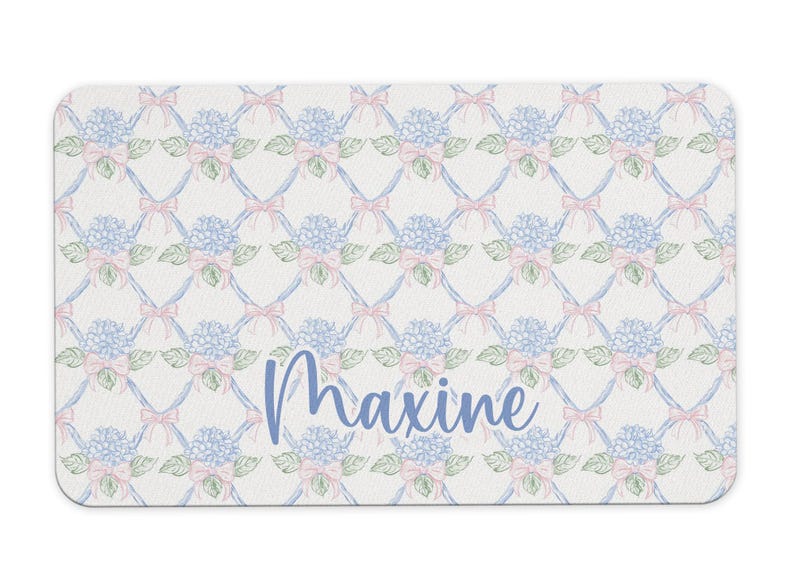 Personalized Dog Food Mat, Custom Pet Gift for New Puppy, Cat Food Mat, Food Bowl Mat, Blue Hydrangea Pet Placemat, Feeding Mat for Dog Blue Hydrangea Bows