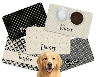 Personalized Pet Food Mat: Black & Beige Dog/Cat Bowl Placemat