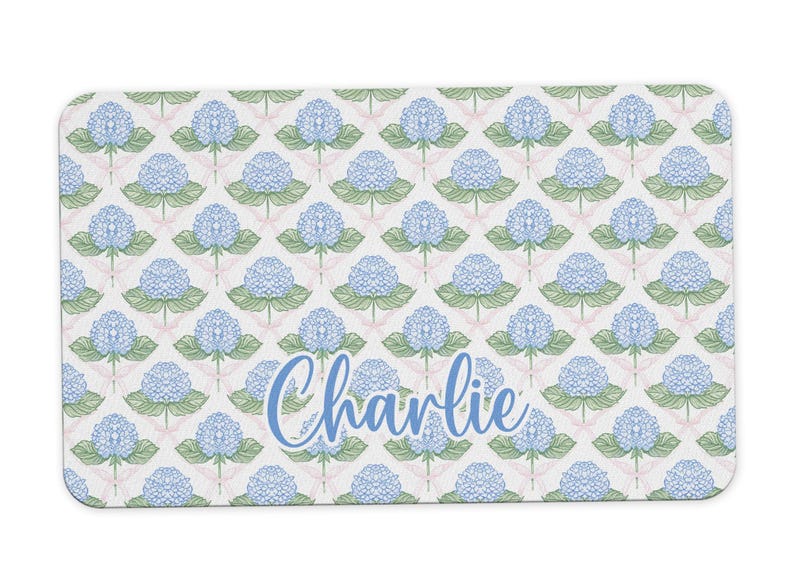 Personalized Dog Food Mat, Custom Pet Gift for New Puppy, Cat Food Mat, Food Bowl Mat, Blue Hydrangea Pet Placemat, Feeding Mat for Dog Blue Hydrangea