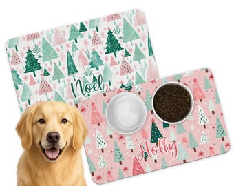 Personalized Dog Food Mat: Christmas Pet Placemat, Holiday Tree Design