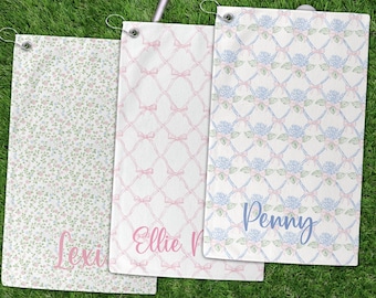 Golf Towel: Personalized Womens Towel in Pink Coquette Bows and Blue Hydrangea Patterns