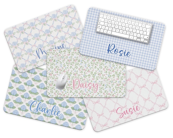 Name Desk Pad, Personalized Mouse Pad, Blue Hydrangea, Pink Bow Coquette Desk Office Decor, Large Desk Blotter,  Mousepad, Office Gifts