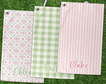 Golf Towel: Personalized Ladies Golf in Pink Green Stripes Plaid
