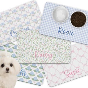 Personalized Dog Food Mat, Custom Pet Gift for New Puppy, Cat Food Mat, Food Bowl Mat, Blue Hydrangea Pet Placemat, Feeding Mat for Dog image 1